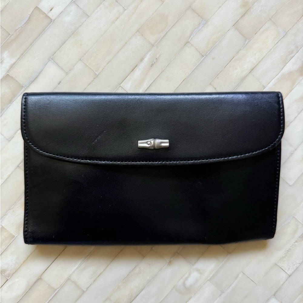 Black Leather Longchamp Wallet with Silver Accent